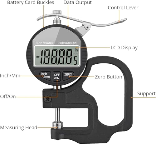 Image of Digital Thickness Gauge 0-12.7mm / 0.5 Inch Electronic Micrometer with Large LCD Display, 0.001mm High Precision, Inch /Metric Conversion (0.001 MM 0 to 12.7mm)