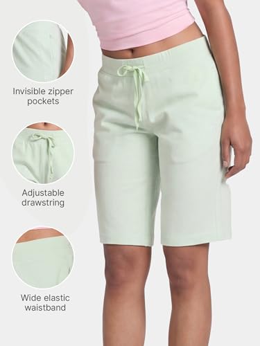 Image of Enamor Mid Rise Knee Length Drawstring Closure City Shorts for Women - Slim Fit, Soft and Breathable Cotton - E044