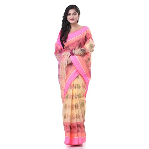 Image of dB DESH BIDESH Women`s Bengal Tant Tree Print Design Pure Handloom Cotton Saree Without Blouse Piece