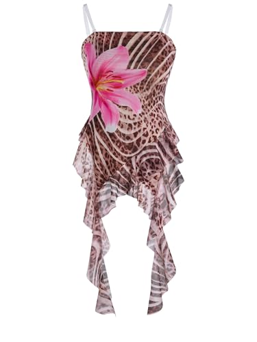 Verdusa Women's Cheetah Floral Ruffle Tube Top Y2K Strapless Backless Fitted Tops