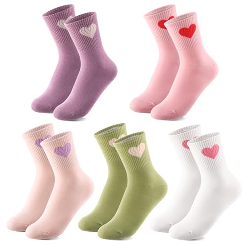 Utensilsto 5 Paar Tennissocken Damen mit Herz, Sportsocken Bunte 35-40 Herzsocken Lange Baumwollsocken Laufsocken Sport Socken für Tennis Lauf Arbeit Freizeit