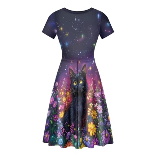 Image of HUGS IDEA Womens Puffy Swing Midi Dress Round Neck Short Sleeve Party A-Line Dresses