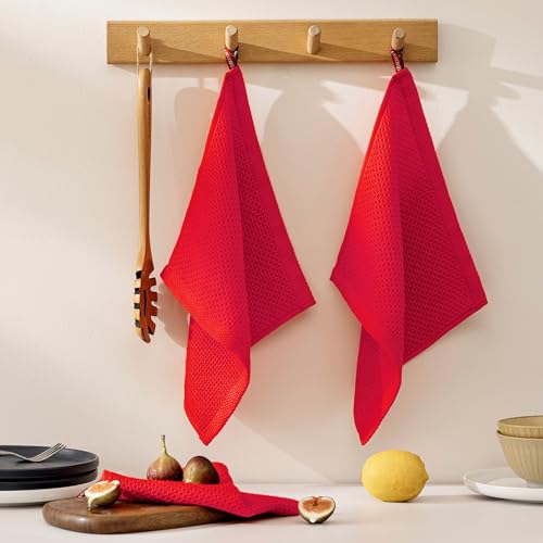 Image of 100% Cotton Kitchen Dish Cloths, 8-Pack Waffle Weave Ultra Soft Absorbent Dish Towels Washcloths Quick Drying Dish Rags, 12x12 Inches, Red