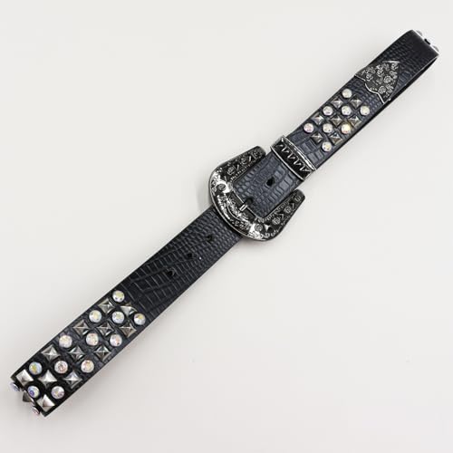 Crocodile Pattern Embossed Studded Belt,Shiny Rhinestone Four-Jaw Square Rivets Western Waist Strap for Women Men 6