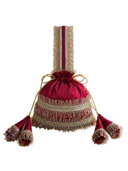 Bridal Red Potli Bag for Women Heavy Zari Sequin Embroidered Potli Purse Beaded Bridal Clutch Shagun Potli Wedding Wristlet Handbag Navratri Diwali Gift Bag Return Gift Pouch-image-11