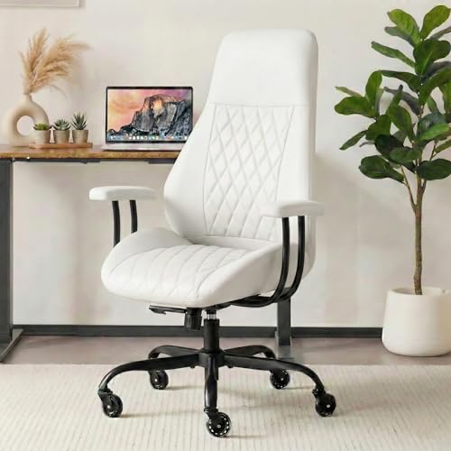 Image of E-Motie Office Chair with Rubber Wheels, Ergonomic Computer Chair 500 lbs, Leather Desk Chair with Lumbar Support, Executive Chair Adjustable Height & Recline, White