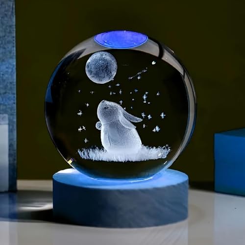 Image of Hamsa Magical Crystal Ball Night Light, LED Color-Changing Globe Lamp, Crystal Ball Lamp, Desktop Decorative Mood Light (16 Color Bunny with Moon)