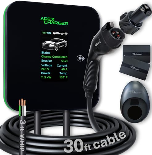 MACH 2:Fast Hardwired Level 2 EV Charger J1772 car Connector, 48 amp Garage-pro Wall-Mount EVSE - Electric Vehicle Charging Station. Accessories: 30ft Cable & Tesla NACS Portable Adapter Extension