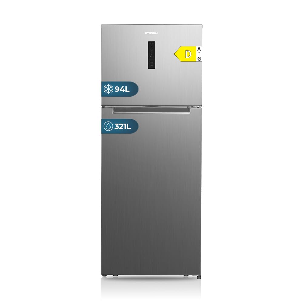 HYUNDAI Frigorífico Inox, 2 Puertas. HFG18070NDI00, Capacidad 415 Litros, No Frost, Motor Inverter, 39 dB, Puerta Reversible, Apertura Tipo Uñero, Clase Energética D