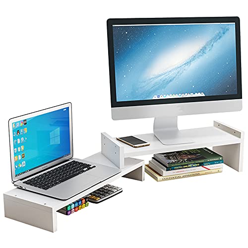 デュアルモニター台、2つの調整可能な高さとスケーラブルなモニターマウント、PCモニターラップトッププリンター用の木製デスクトップオーガナイザー収納ラック (白い)