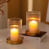 Glasseam Portavelas Huracán De Cristal: Portavelas De Oro para Velas De Pilar Set De 2 Portavelas De Pilar De Metal Bandeja con Cilindro De Vidrio Portavelas De HuracáN para DecoracióN del Hogar