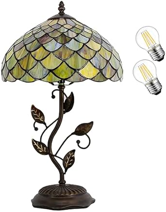 Tiffany Lamp Fish Scales Style Stained Glass Table Lamp Desk Bedside Reading Light 12X12X19 Inches