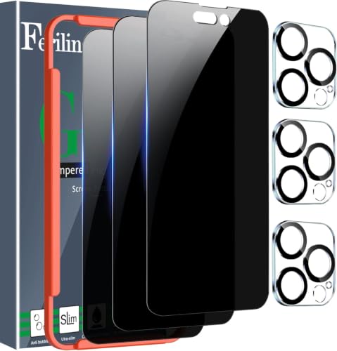 Image of Ferilinso Privacy Screen Protector for iPhone 14 Pro Max, Tempered Glass | 3 Pack, 9H+ Hardness, Military-Grade Shatterproof, Case Friendly, Easy Installation Bubble Free, with Camera Lens Protector
