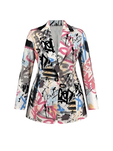 WDIRARA Women's Plus Size Lapel Collar Open Front Graffiti Graphic Button Blazer Jacket