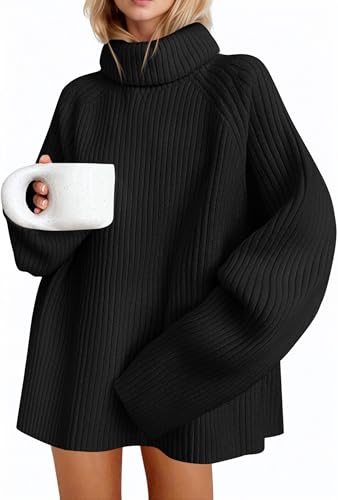 Saodimallsu Damen Rollkragen Pullover Oversized Langarm Strickpullover Feinstrick Einfarbig Winter Casual Elegant Basic Oberteile Pullis Schwarz S