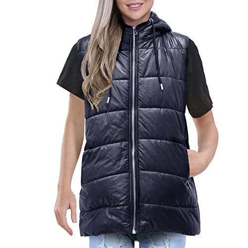 Chaleco acolchado largo para señora con diseño oversized y capucha ajustable en color azul armada
