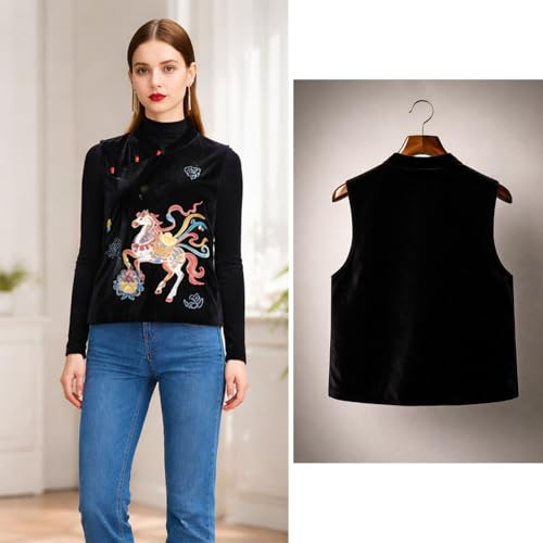 Chaleco de terciopelo de seda para mujer HangErFeng chaleco bordado negro sin mangas 3