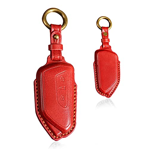 HIBEYO Smart 3 Button Leather Key Fob Case Cover Compatible with VW Golf 8 ID.4 Seat Leon MK 4 2020 2022 2021 MK8 Golf GTI Skoda Octavia Car Accessories with Keychains for Men-Red