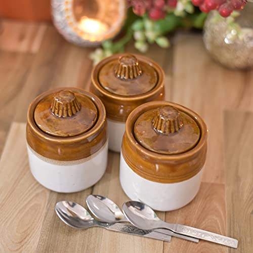 Image of Ceramic Handmade Pickle Jar Set with Lid, Dining Table Pickels Containers and an Ideal Gift for Family (250ml) (3 pc) and Steel Spoon 3 pc