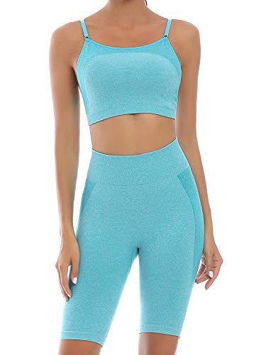 Toplook Women Yoga Outfit 2 Piece Set Seamless Workout Biker Short + Sport Bra (Blue, Small)