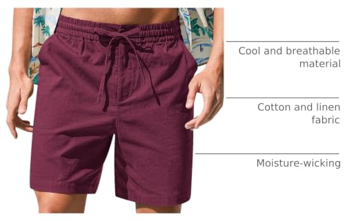 Image of RQP Mens Cotton Linen Shorts Casual Drawstring 7inch Inseam Shorts Stretch Summer Beach Wear