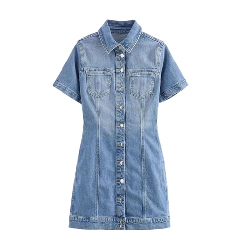 Women's Single Breasted Fashion Slim Avant-Garde Cowboy mini Turn-Down Collar Dress Blue