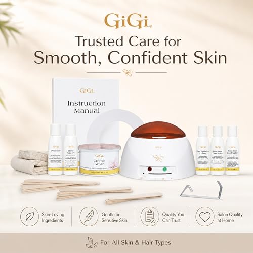 Image of GiGi Creme Wax Hair Removal Waxing Kit, Wax Warmer for Face, Body & Eyebrow | Complete Starter Kit, 14 oz Honee Creme, Mini Heater, Pre-Treatment Lotions, Wax Muslin Strips, Small and Large Applicators