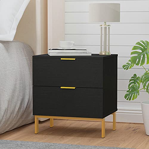 Homsee Modern Nightstand With 2 Storage Drawers & Gold Metal Legs, Minimalist And Versatile Bedside Table Sofa End Side Table, Black ((19.7" L X 15.7" W X 17.9" H)) #TOP1