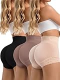 LEZSHOOU 3 Pack Butt Lifting Shapewear Shorts Set for Women with Hip Pads, High Waisted Body Shaper Panties Black,Brown, Tan