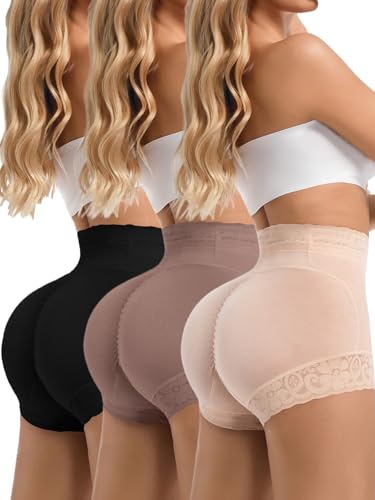 3 Pack Butt Lifting Shapewear Shorts Set for Women with Hip Pads, High Waisted Body Shaper Panties Black,Brown, Tan
