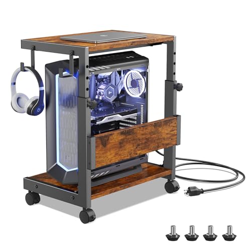 Höhenverstellbarer Computer-Tower-Ständer mit 2 Etagen & Stauraum – Bodenstehender PC-Ständer für ATX-Gehäuse, Drucker, mit feststellbaren Rollen（Dunkelbraun, B44 x T30 x H44-59.5cm