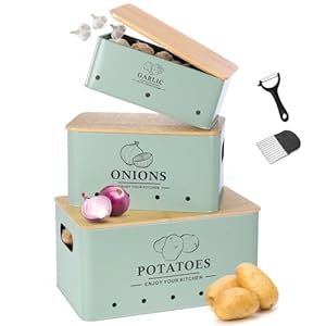 Kitchen Vegetable Storage Set of 3, Metal Onion Garlic Potato Storage Set, Kitchen Canisters Vegetable Keeper Containers with Aerating Holes and Wooden Lid (Sage Green)