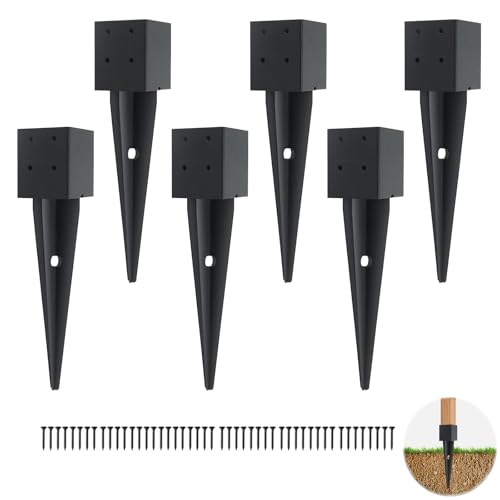 6 Pcs 4x4 Fence Post Anchor Ground Spike（Inner Size 3.6'x3.6' 16' Black Powder Coated–Mailbox Post Anchors, for Deck,Fence,Railing,Mailbox..