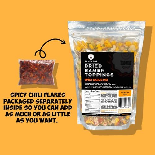 Image of Ramen Bae Spicy Garlic Dried Ramen Toppings - Low Sodium, Chili Flakes | Low Fat, Dehydrated Ramen Toppers, Add Ins, Mix Ins for Ramens, Noodles, Soup, Fried Rice - Up To 20 Servings
