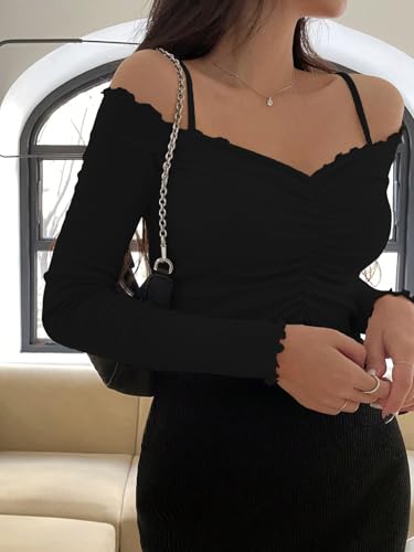Image of Sugathari Women's Purple Solid Colour Open Cold Off Shoulder Long Sleeve Lettuce Hem Casual Autumn Trim Tight- Slim Fitting Ruched Front Ladies' Camisole Top, Tee, T-Shirt (T-Shirt 184)
