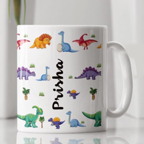 Image of Customized Mug Name Printed with Dinosaur Design - Personalised Unique Cup 350 ML, Unique Gift for Kids, Kids Birthday Gifts, Birthday Gifts for Kids