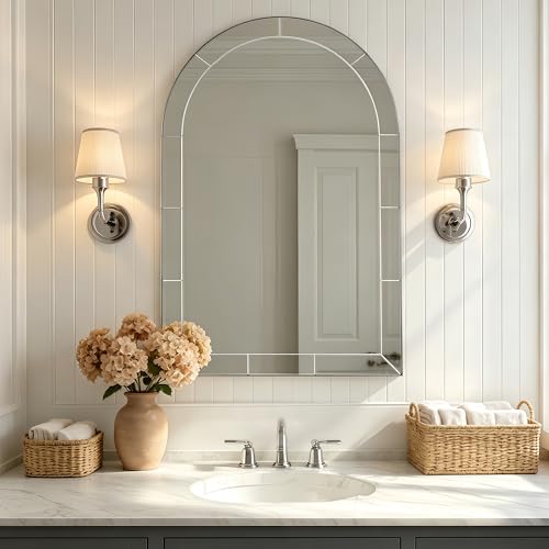 Image of MOON MIRROR Arched Mirror for Bathroom, Bathroom Mirrors for Over Sink, 20x30 inch Brushed Nickel Non-Rusting Vanity Mirror in Delicate Tessellated Glass Design