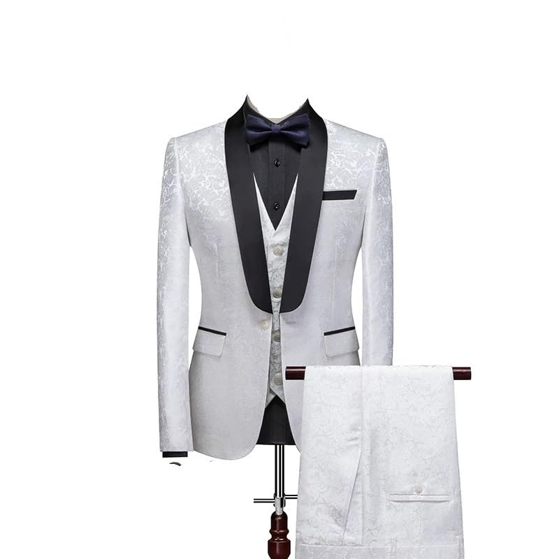 Slim Fit Men’s 3 Piece Suit Set Pants Vest Business Formal Tuxedo for Wedding Groom Party Prom Dress Suit(White,XX-Large)