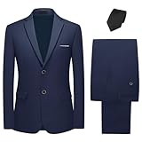 KUDMOL Mens Suits 2 Piece Classical Two Buttons Business Suit Blazer Trousers Set with Black Tie（Navy,2XL）