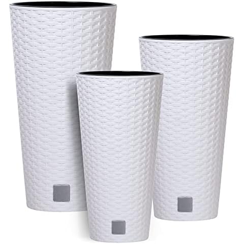 botle 3 stck Blumentopf Rattan Hohe Verschiedene Größen H 38+47+57 cm Weiß Einsatz Kunststoff Cover