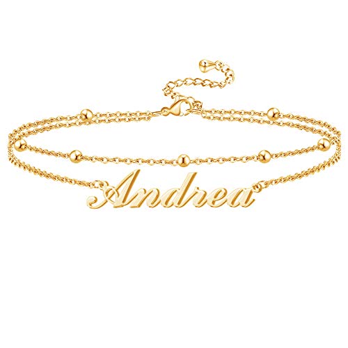 Dreamdecor Layer Name Anklet Personalized for Women, 18K Gold Plated Custom Link Chain Anklet Bracelet Adjustable Beach Bracelet for Women