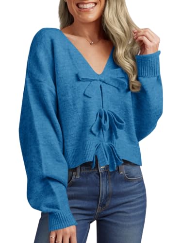 Image of Saodimallsu Womens Bow Sweater Cropped V Neck Long Sleeve Pullover Tops | Soft Cozy Knit, Two-Way Wear Design, Front & Back Bow, Cute Fall Tops 2026, Winter Fashion, Dressy Casual Holiday Outfits
