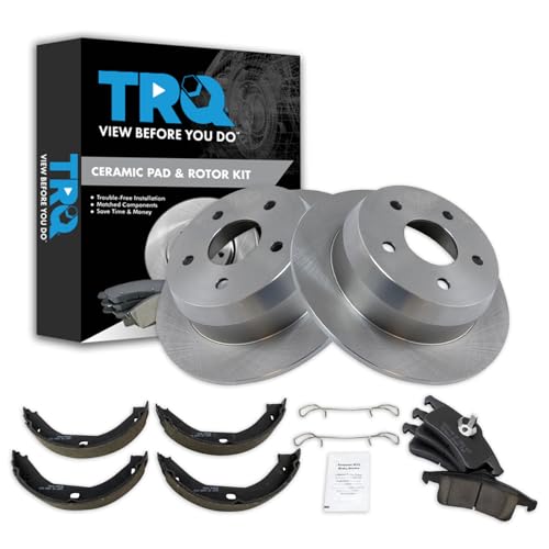 Image of TRQ Rear Brake Pad and Rotor Set Ceramic Parking Shoe Compatible with 1999-2004 Jeep Grand Cherokee