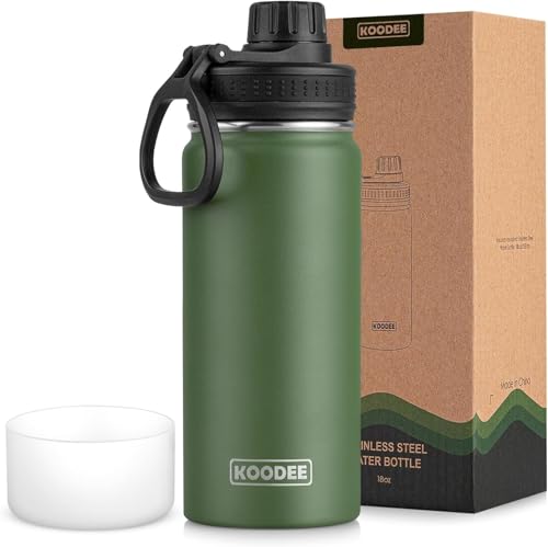 Image of koodee Insulated Water Bottle, 18 oz Stainless Steel Double Wall Vacuum Wide Mouth Sport Bottle with Leakproof Spout Lid (Grass Green)