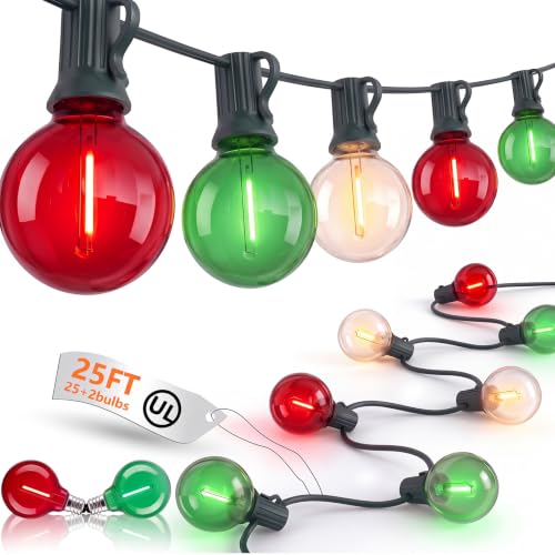 25FT G40 LED Red Green White Outdoor String Lights, 27 Shatterproof Bulbs