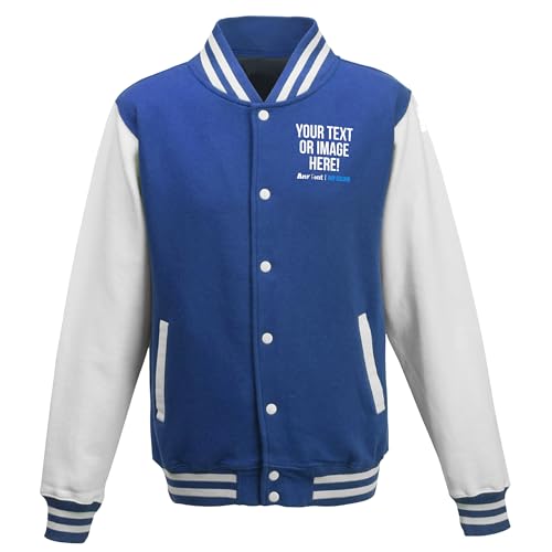 Purple Print House Custom Varsity Jacket Personalised Letterman Retro Style Sportswear Fashion Top with Any Text Image Logo or Team Badge, XL, Royal/White
