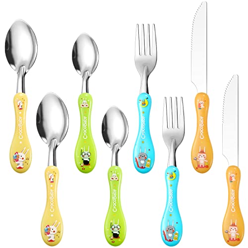 8 Pièces Couverts Enfant en INOX, 2 x Couteaux, 2 x Fourchettes, 4 x Cuillères, Couverts Bébé avec Poignée Ronde en Plastique pour Garçons Filles Famille Jardin d'enfants (Motif Animal)