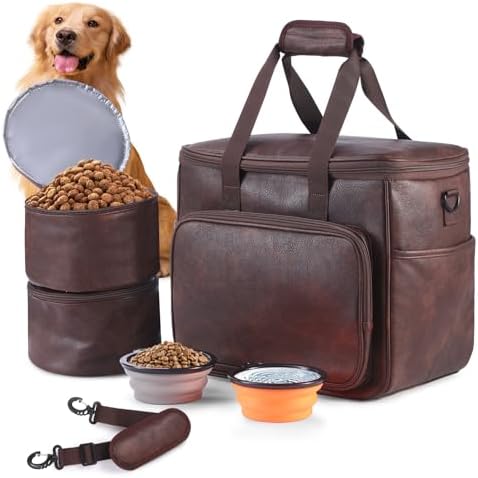Dog Travel Bag, Leather Travel Pet Bag Set for Dog and Cat, Airline Approved Tote Organizer with Multi-Function Pockets, 2 Food Storage Containers, 2 Collapsible Bowls, Weekend Bag Luggage