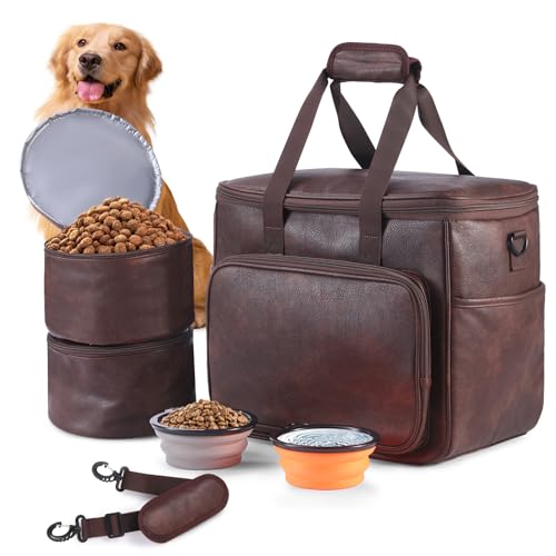 Lasaviin Dog Travel Bag, Leather Travel Pet Bag Set for Dog and Cat, Airline Approved Tote Organizer with Multi-Function Pockets, 2 Food Storage Containers, 2 Collapsible Bowls