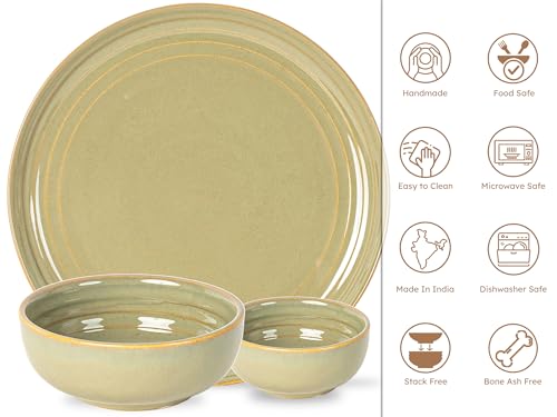Image of Bodhi House Handcrafted Chip Resistance Porcelain Dinner Set, 14 Pieces Dish Set Serving for 6, Microwave and Dishwasher Safe, Bone-ash Free, Crockery Set for Dining and Gifting, Olive Green